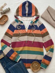 Rusticease Plus Size Textured Striped Colorblock Button Half-Zip Hooded Sweatshirt - Multicolor - View 2