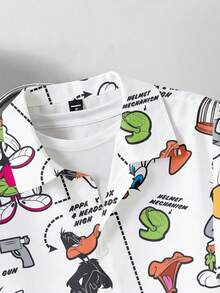 LOONEY TUNES X SHEIN Manfinity Joysei 男士全印花休閒百搭日常短袖襯衫 - 白色 - 查看 3
