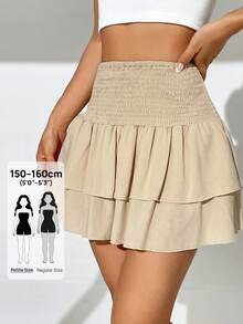 SHEIN PETITE 高腰雙層下擺短款夏季裙，適合嬌小女性 - 卡其色 - 查看 6