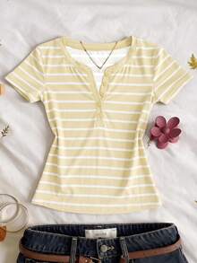 SHEIN Tween Girl Summer Casual Striped Short Sleeve T-Shirt - Yellow - View 3