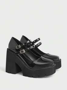 Sugerpunk Sepatu Wanita Modis Hak Miring Platform, Gaya Punk Gothic Gesper Gelap dengan Inlay Paku Keling, Cocok untuk Pesta Klub Malam, Seksi, Liburan, dan Perjalanan Sehari-hari. - Hitam - View 5