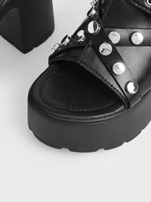 Sugerpunk Women's Punk Style Buckle Pattern Bump Nail Slip-On Design Platform Fashion High-Heeled Sandals - Black - View 10