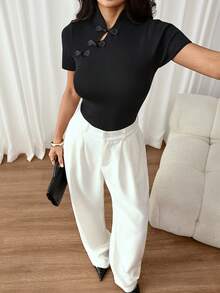 SHEIN PETITE Chinese Style Elegant Fashion Knitted Women's Top, Frog Button Decor, Versatile Black Summer Style - Black - View 6