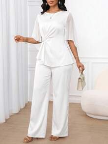 SHEIN Lady Women's Elegant Commuter Top And Pants 2 Pieces Set - White - View 5
