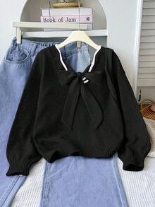 SHEIN 这款少女休闲时尚百搭针织套头毛衣，采用波浪下摆、V领、后背蝴蝶结和灯笼袖设计，适合周末、休闲外出、返校、万圣节、圣诞节、新年等秋冬季穿着。 - 黑色 - 查看 5