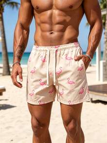 CoralVoy Men's Flamingo Print Drawstring Waist Casual Beach Shorts - Coral Pink - View 3