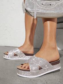 SHUZIA Ladies' Fashionable Glitter Platform Wedge Sandals For Christmas Valentine's Day Summer Shoes - Silver - View 1