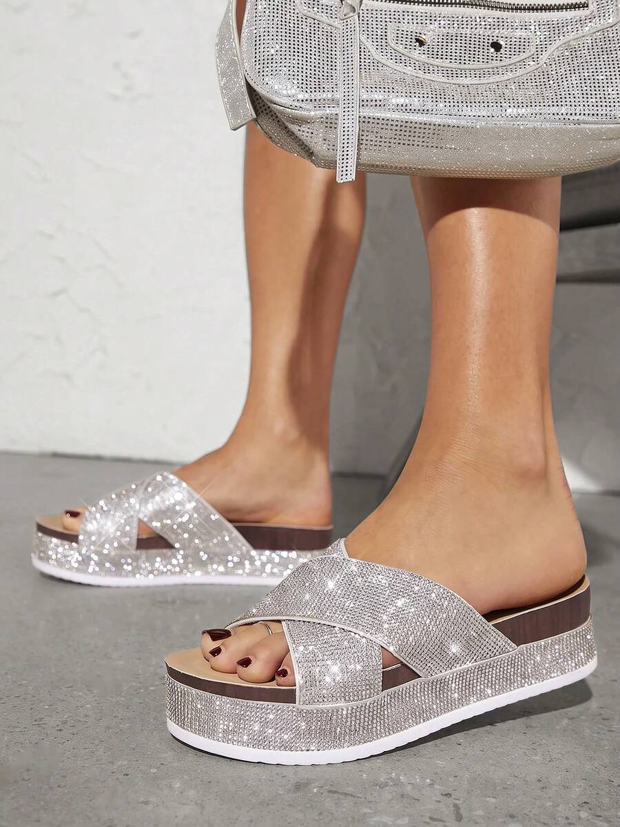 SHUZIA Ladies' Fashionable Glitter Platform Wedge Sandals For Christmas Valentine's Day Summer Shoes - Silver - View 1