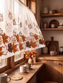1Pc Mesh Yarn Multi-Color Maple Leaf Embroidered Small Curtains, Partition Coffee Curtains, Wear Rods To Hang Thanksgiving & Harvest Festival Decorative Curtains - Multicolor - View 2