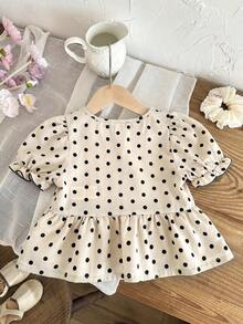 SHEIN LMoss Kids Young Girl Casual Polka Dot Round Neck Short Sleeve Pullover Top - Multicolor - View 2