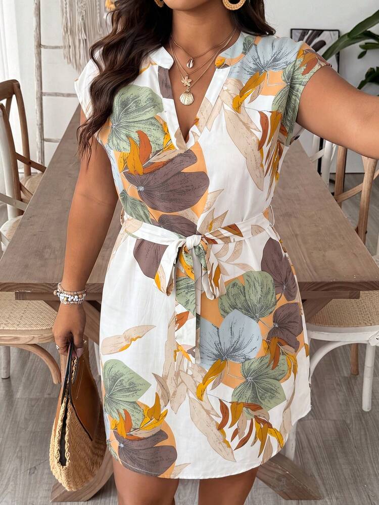 SHEIN VCAY Plus Size Vacation Batwing Short Sleeve Shirt Dress With Tie Waist Beach Vacation White Summer Boho - Multicolor - View 1