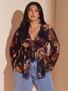 SHEIN BAE 大尺碼女款春夏網紗花卉印花喇叭袖上衣 秋季 - 彩色 - 查看 5