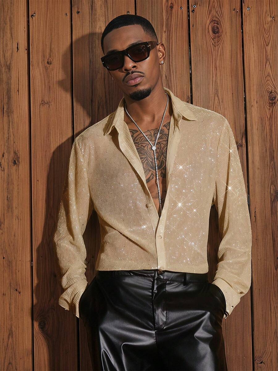 CalleClaro Men Gold Sequin Disco Style Brown Summer Rave Sparkly Shirt, Rhinestone Glitz And Glam 70s, Knit Casual Loose Short Sleeve Shirt, Father's Day