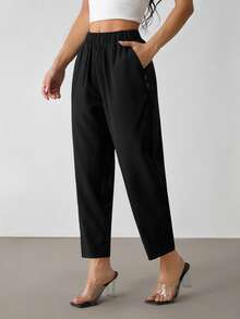SHEIN PETITE Women Casual Commuter Plain Color Tapered Pants ,Petite Women - Black - View 3