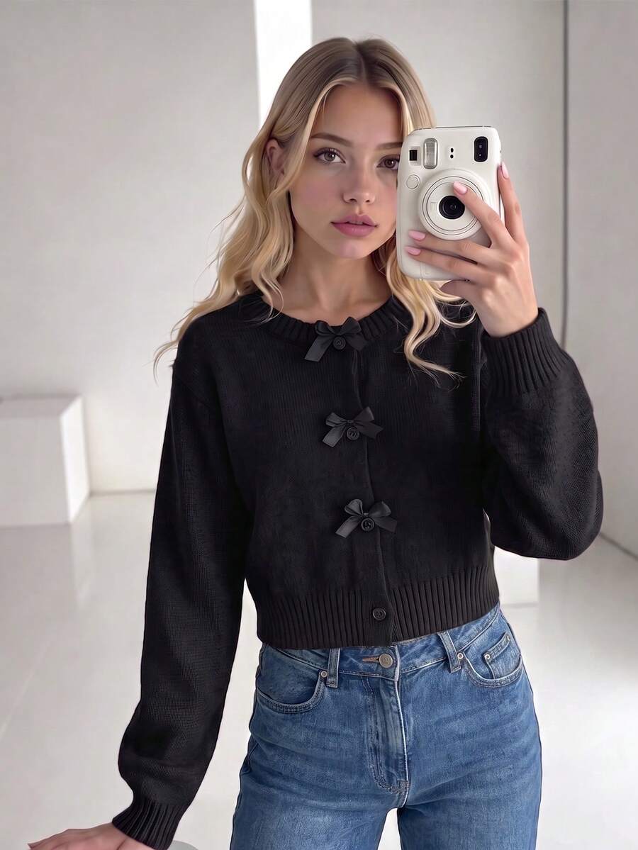 SHEIN 女童 Y2K 甜美風秋冬時尚蝴蝶結重工復古針織長袖開襟衫,休閒百搭返校校服冬裝,適合青少年女孩 - 黑色 - 查看 1