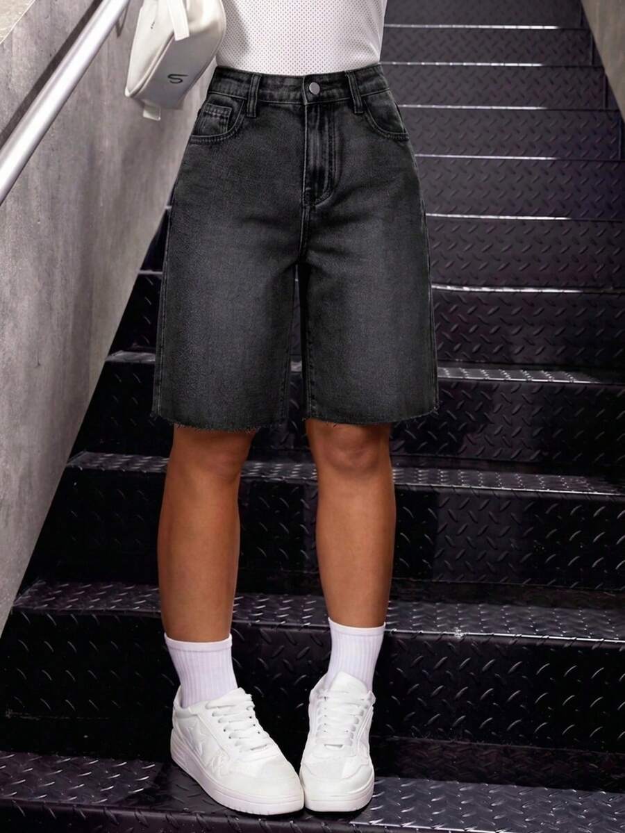 青少年女孩寬鬆牛仔短褲 中低腰 Y2K 夏季短褲 - 黑色 - 查看 1