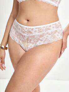 Slumbrini 3pcs White Underwire High Support High Coverage Bra + 2 Panties Lace Patchwork Elegant Classic Plus Size Lingerie Set White Lingerie - White - View 8