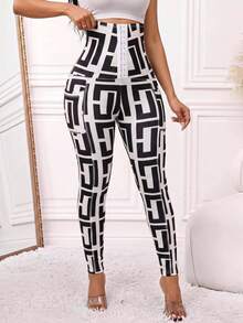 SHEIN Lady سروال ضيق نسائي بطبعة هندسية كاجوال متعدد الاستخدامات للارتداء اليومي - الأسود - مشاهدة 4