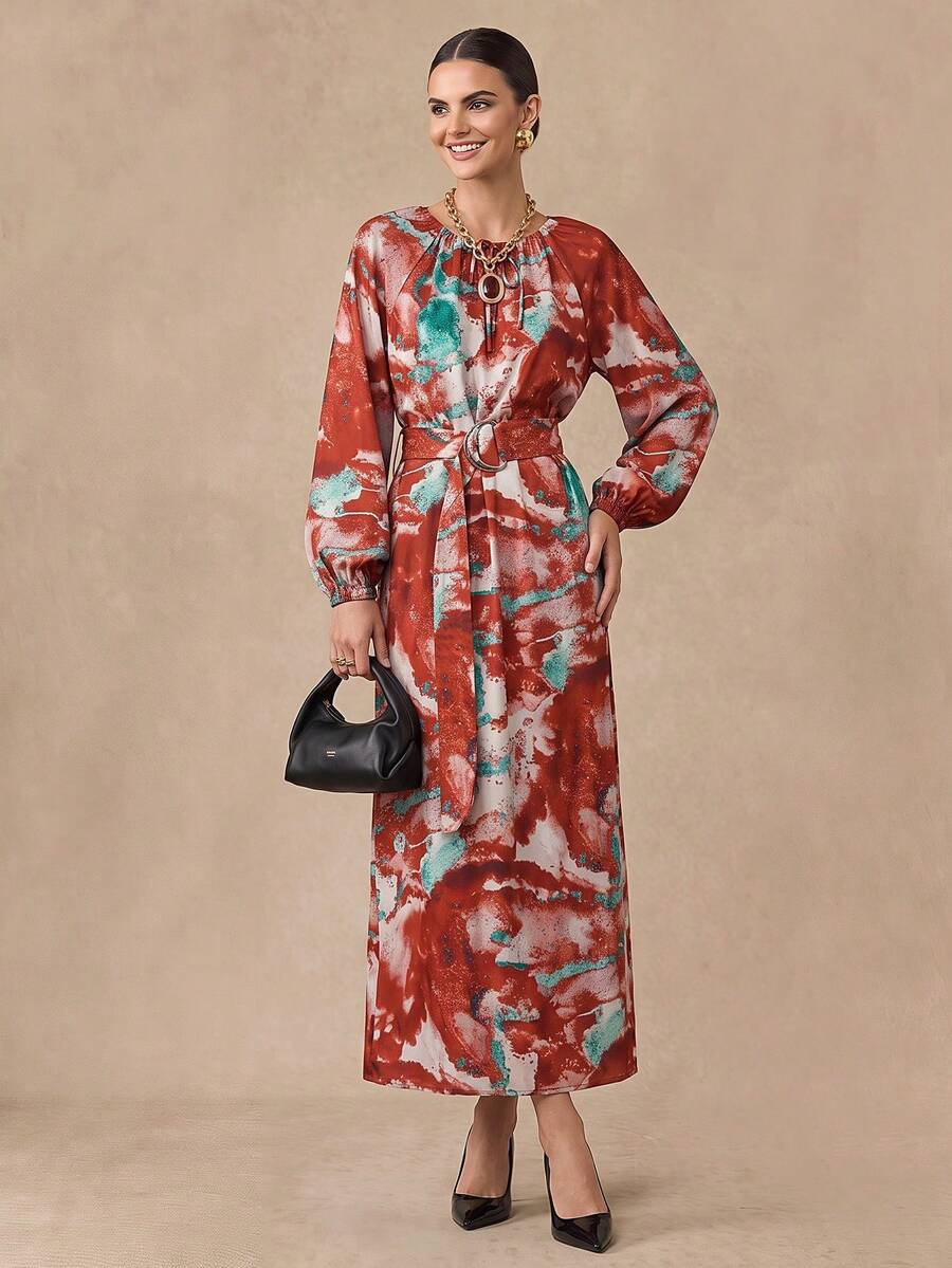 Almamuse Women's Casual Tie-Dye Raglan Sleeve Lantern Sleeve Dress, Autumn Fall Cloth For Women - Multicolor - View 1