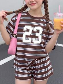 女孩夏季休閒套裝，棕色與藍色條紋 #23 印花 T 恤搭配短褲，舒適且 - 彩色 - 查看 3