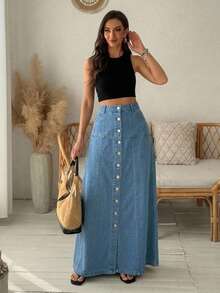 DAZY Solid Color Loose A-Line Maxi Casual 2000s Vacation Denim Skirt For Women, Autumn Vacation Blue - Blue - View 8