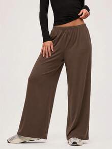 SHEIN BASICS Plus Size Casual Baggy Traditional Elegant Versatile Solid Color Loose Pants Lounge Formal Office Home Wear Vacation Brown Autumn - Brown - View 3