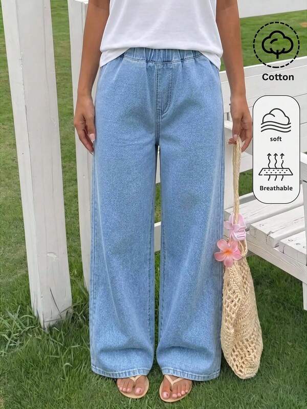 SHEIN Tween Kızlar İçin Lastikli Bel Geniş Paça Günlük Bol Denim Uzun Pantolon