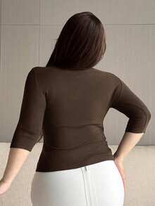Dazy Plus Solid Color Elastic Fitted Casual Blogger Style Mock Neck 5-Sleeve Base Layer Plus Size Women Spring Summer Autumn Pullover Brown T-Shirt - Brown - View 2