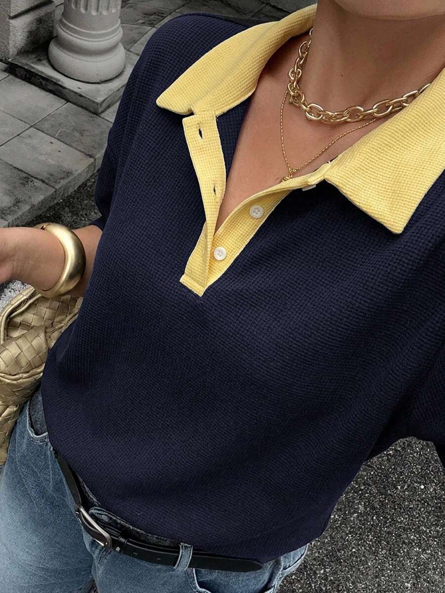 Livesso 對比色拼接寬鬆條紋 Polo 領中袖休閒夏季大尺碼女款 T 恤 - 藏蓝色 - 查看 1
