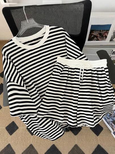 Resyla New Women's Plus Size Casual Loose Slimming Striped Short Sleeve Top And Shorts 2-Piece Set Fall