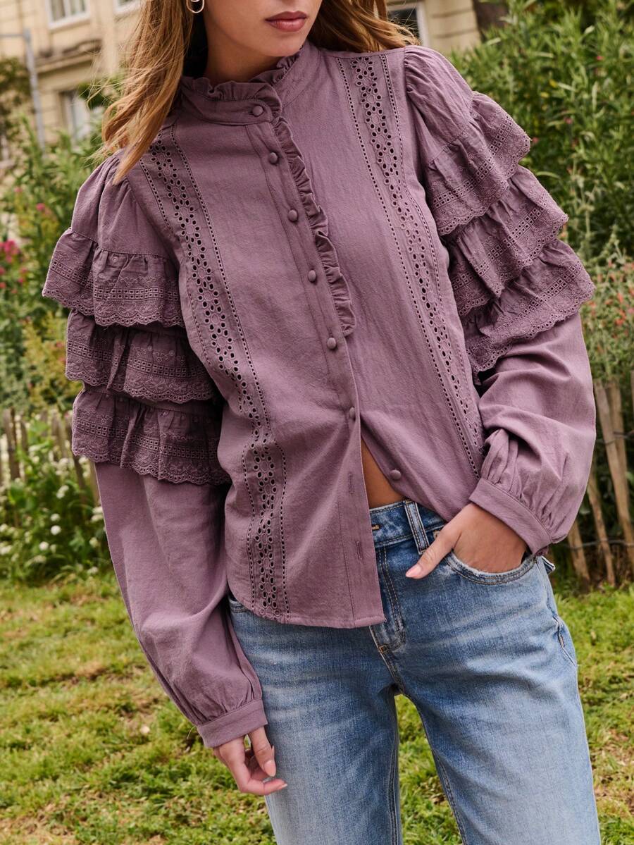 Nöista 霧紫色蕾絲飾邊鏤空細節襯衫,適合秋季、辦公穿搭與浪漫風格 - 淺灰紫 - 查看 1