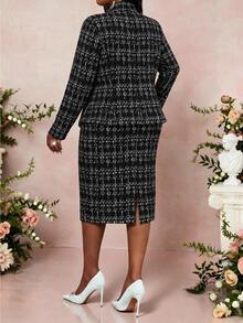 SHEIN Lady Plus Size Women's Plaid Open Front Jacket And Skirt Elegant Business Casual Suit Set Formal Office Formal Black Summer - Multicolor - View 2