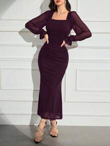 Modelyn 女款優雅純色網紗修身長洋裝，秋季長款晚禮服 - 中紫紅色 - 查看 6