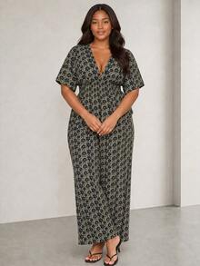 ELLERISSA Setelan Blus Leher V Motif Bunga Kecil Warna Cokelat Kopi Ukuran Plus dan Celana Panjang Lebar - Coffee Brown - View 4