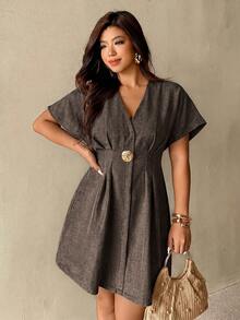 Auralis Plus Size Women's Elegant Casual Short Sleeve Dress Metal Waist Design Pleated Detail Teachers' Day Brunch Bussines Formal Office Brown Summer - Brown - View 6