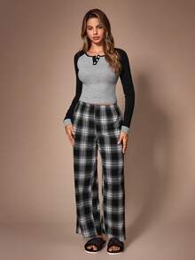 Lazeform Contrast Color Raglan Sleeve Henley Neck Pajama Set, Classic Plaid Home Wear 2 Pieces Set - Black - View 4