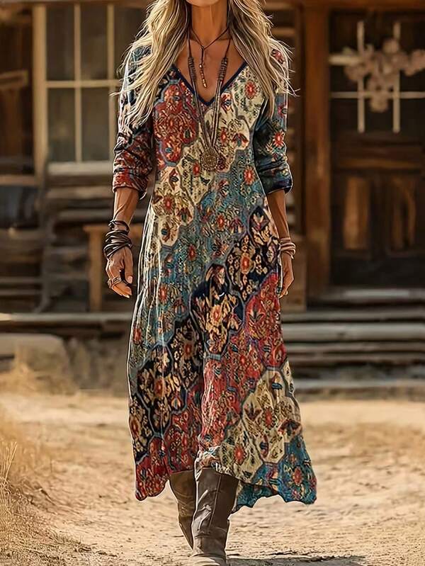 Breezaya Plus Size Women's Boho Vintage Floral Geometric Print V-Neck Long Sleeve Casual Loose Long Dress,Fashion Fall Women Outfits