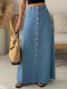 DAZY Solid Color Loose A-Line Maxi Casual 2000s Vacation Denim Skirt For Women, Autumn Vacation Blue - Blue - View 1