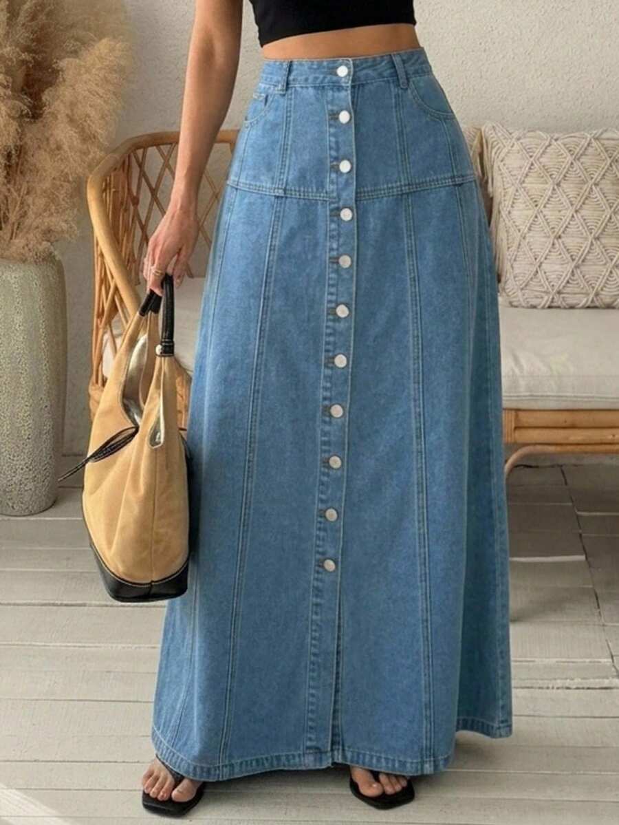 DAZY Solid Color Loose A-Line Maxi Casual 2000s Vacation Denim Skirt For Women, Autumn Vacation Blue - Blue - View 1