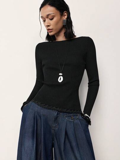 MERLEAU Women's Modern Boat Neck Knit Black Top,Teacher Work Tops,Work Outfits For Women,Business Casual,Classy Tops For Women,Going Out Tops