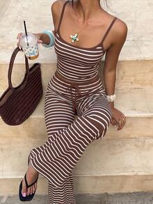 Aloruh Women's Casual Home Wear Striped Camisole & Long Pants Set - White - View 5
