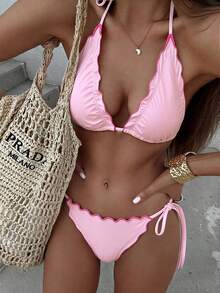 Bonvoyette Y2K Hot Girl Style Contrast Color Ruffle Halter Tie Bikini Two-Piece Swimwear Set For Beach Vacation - Multicolor - View 3