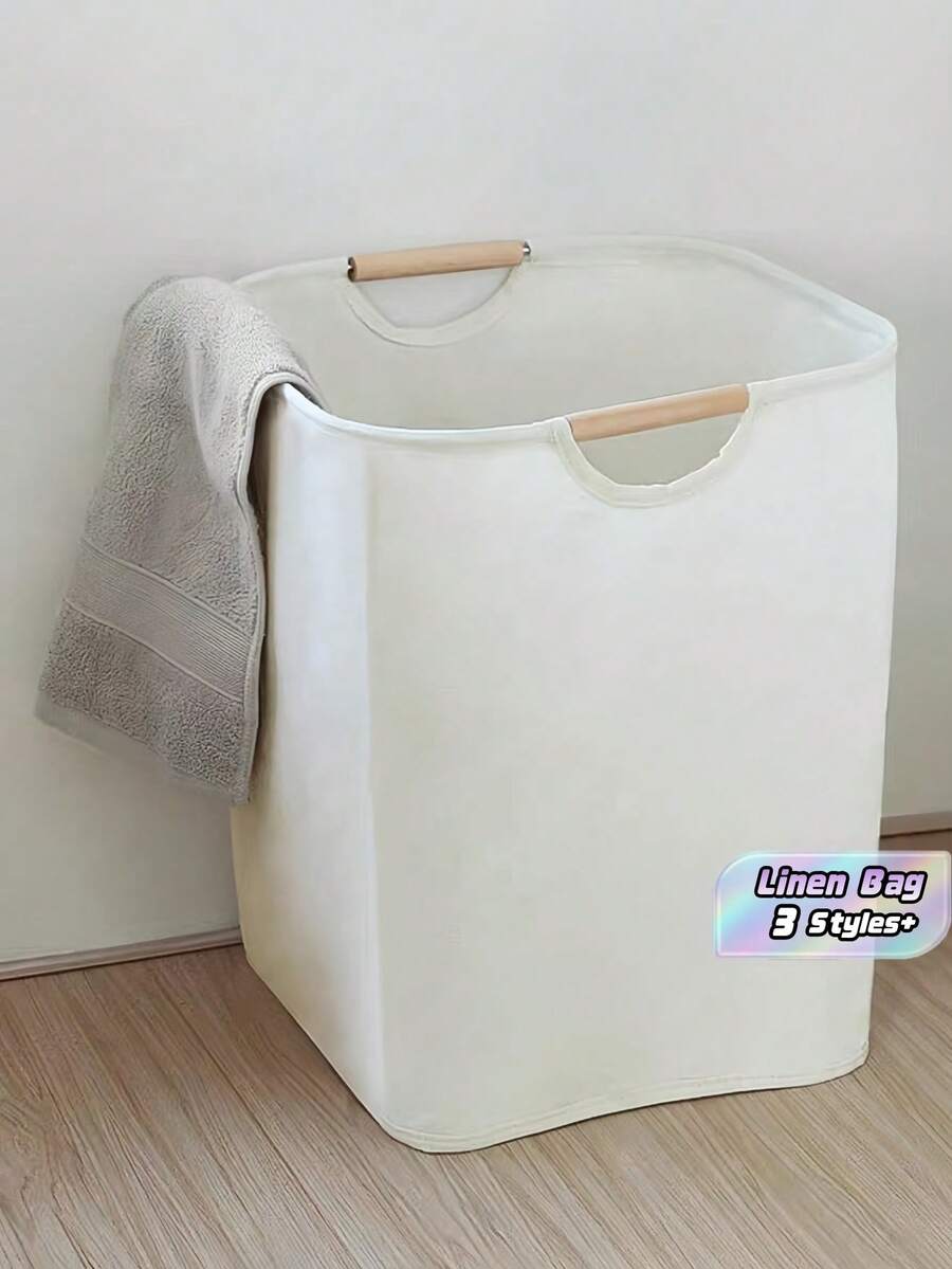 1 Piece Linen Laundry Basket Collapsible With Wooden Handles Large Capacity Foldable Clothes Hamper For Bedroom Bathroom Storage Toy Organizer Bins Cotton Rope Woven Holder - White - View 1