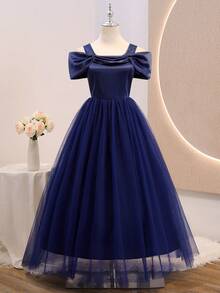 Teen Girl Solid Color Open Shoulder Contrast Mesh Hem Elegant Formal Dress Navy Blue Summer - Royal Blue - View 9