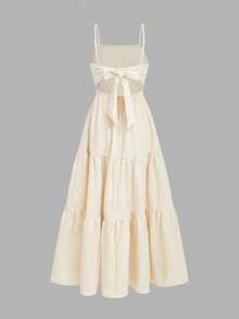 Tween Girls' Summer Beach Vacation Casual Apricot Ruffle Strap Backless Bow Tie Dress, Holiday Long Dress - Apricot - View 2