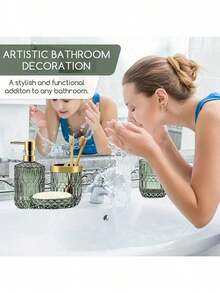 5PCS Bathroom Accessories Set, Lotion Dispenser Toothbrush Holder Soap Dish Cotton Jar, Modern Vanity Countertop Storage Organizer, Elegant Home Decor Gift For Housewarming, Durable Bathroom Kit For Apartment, Complete Bathroom Decor Set - Multicolor - View 2