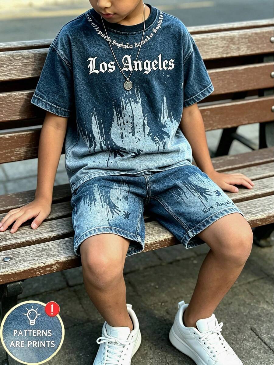 SHEIN 休閒舒適個性字母藍棕拼接色休閒風春夏短袖T恤套裝 - 彩色 - 查看 1