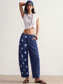 Bohemela Women's Polka Dot Print Casual Vintage Washed Long Pants Vacation Blue Polka Dot Autumn - Navy Blue - View 4