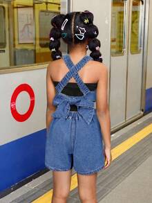 SHEIN Tween Girl Summer Beach Boho Cool & Street-Style Stonewashed Jumpsuit With Cross Back Straps And Open Back, Tween Girl Summer Beach Boho Holiday Clothes Back To School Streetwear Outfits,Girls Concert Rave Casual Outfits - Dark Wash - View 4