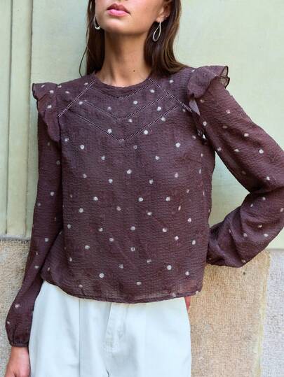 Nöista Brown Polka Dot Top With Ruffle Detail And Relaxed Fit. Fall, Office Wear And Romantic Style.